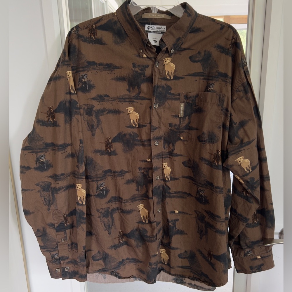 Men’s Columbia River Lodge Hunting Dog Shirt Long Sleeve Button Down Size Large